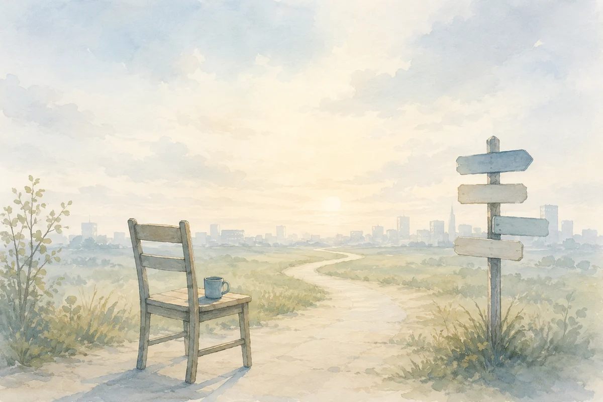 淡い通路に揃いきらない床面が続き、会社員としての辛さと迷いを映す風景