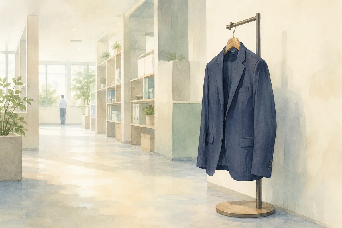 静かな通路に掛かる紺の上着と奥へ続く棚が、正社員への適性を整理する迷いを映す