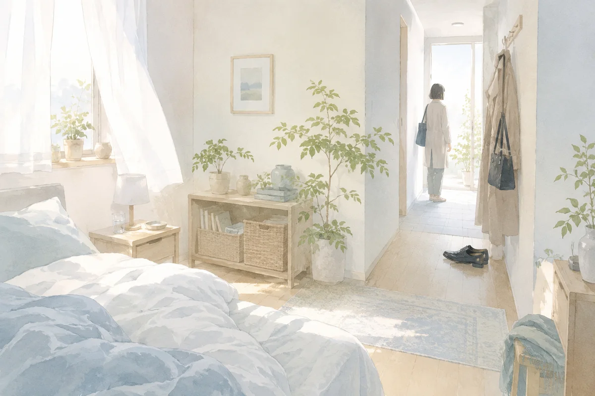 朝の光が入る部屋から玄関へ続く空間で、外出前に静かに立ち止まる人物