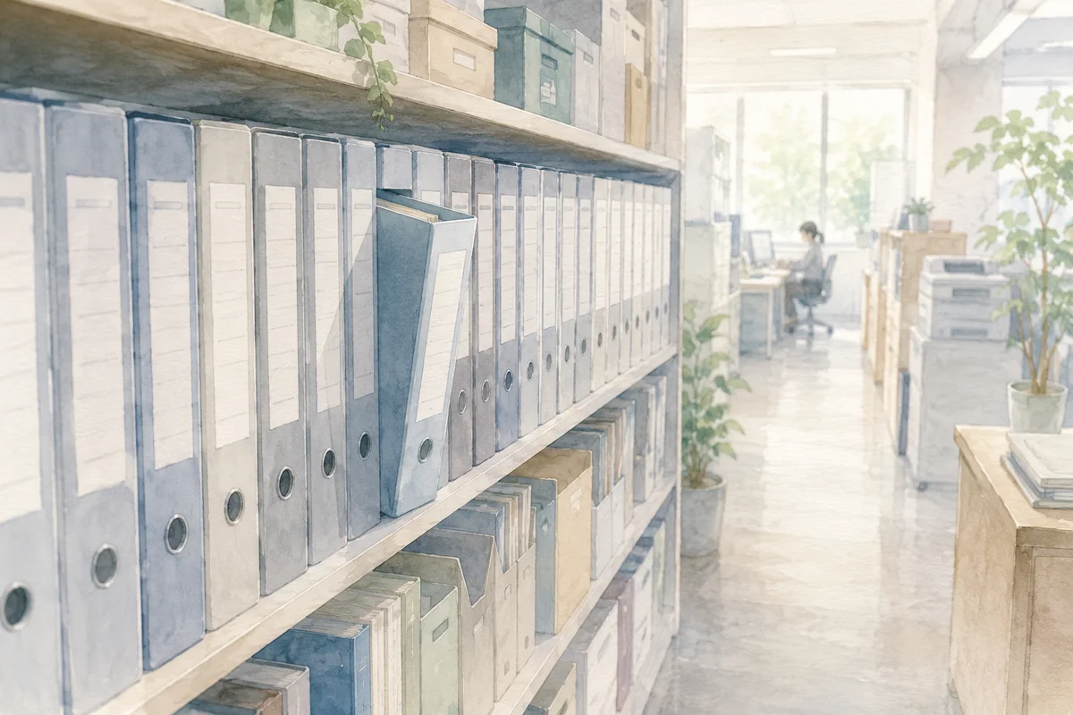 整然と並ぶ書類棚の中で一冊だけ少し浮いたファイルが目立ち、奥に小さな作業席が見える職場風景