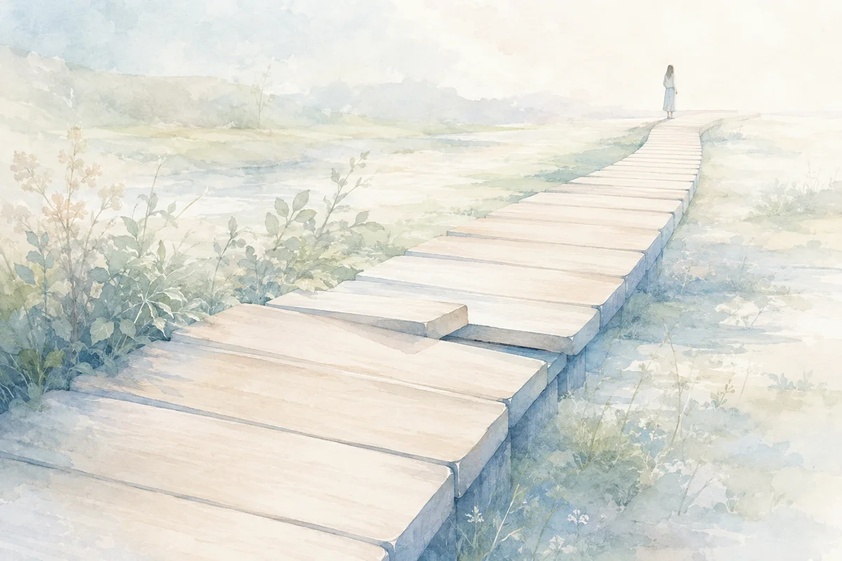 段差のある細い歩道が奥へ続き、遠くに小さな人物が立つ、働きづらさと迷いを映した風景