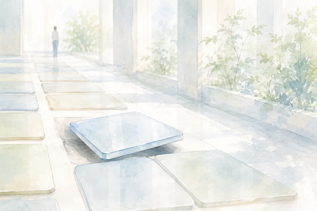 整然と並ぶ床面の中で一枚だけ浮き上がる青い板と、奥に小さく立つ人物が見える明るい廊下