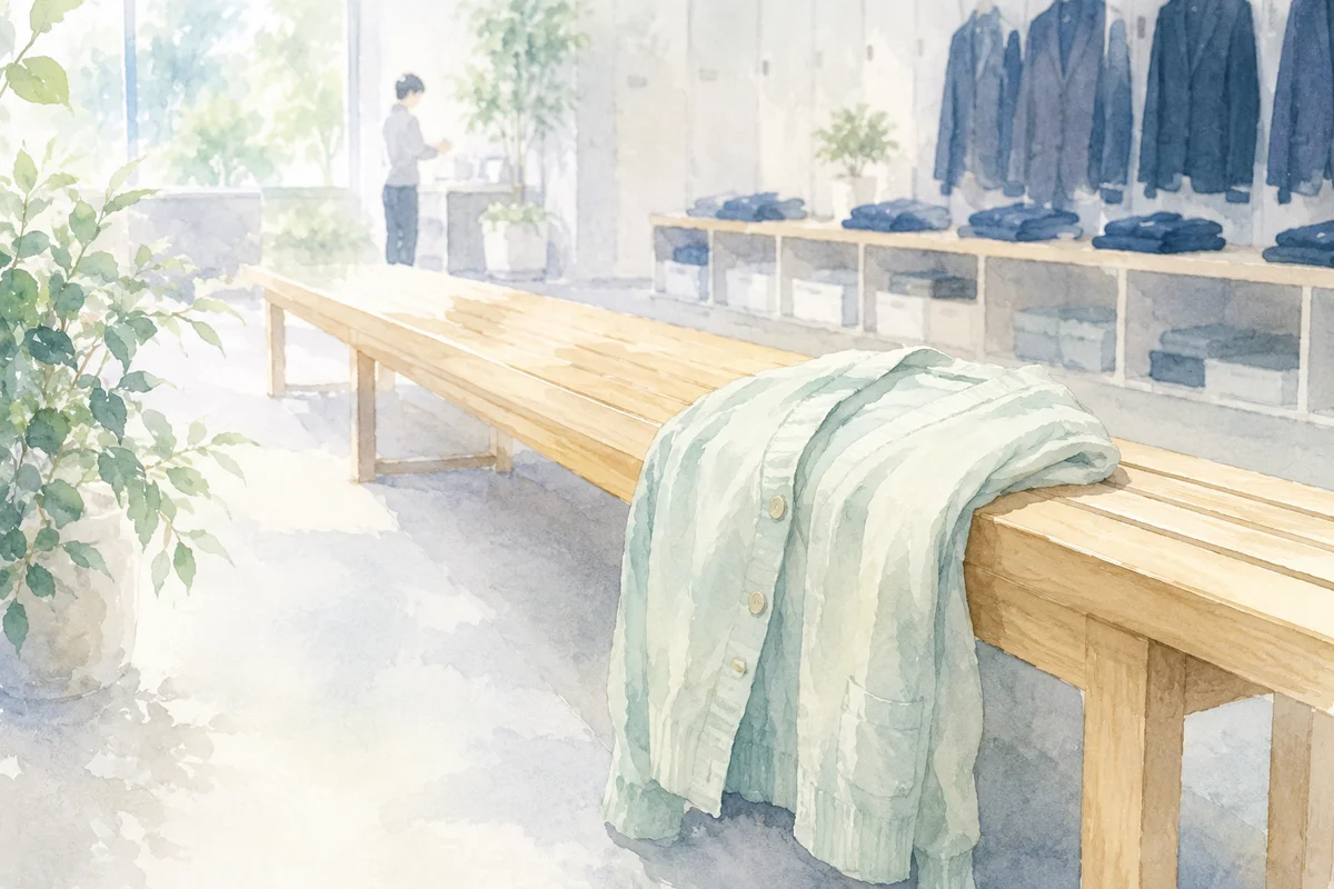 整った更衣室の長いベンチに、制服とは違う淡い上着がそっと置かれた静かな空間