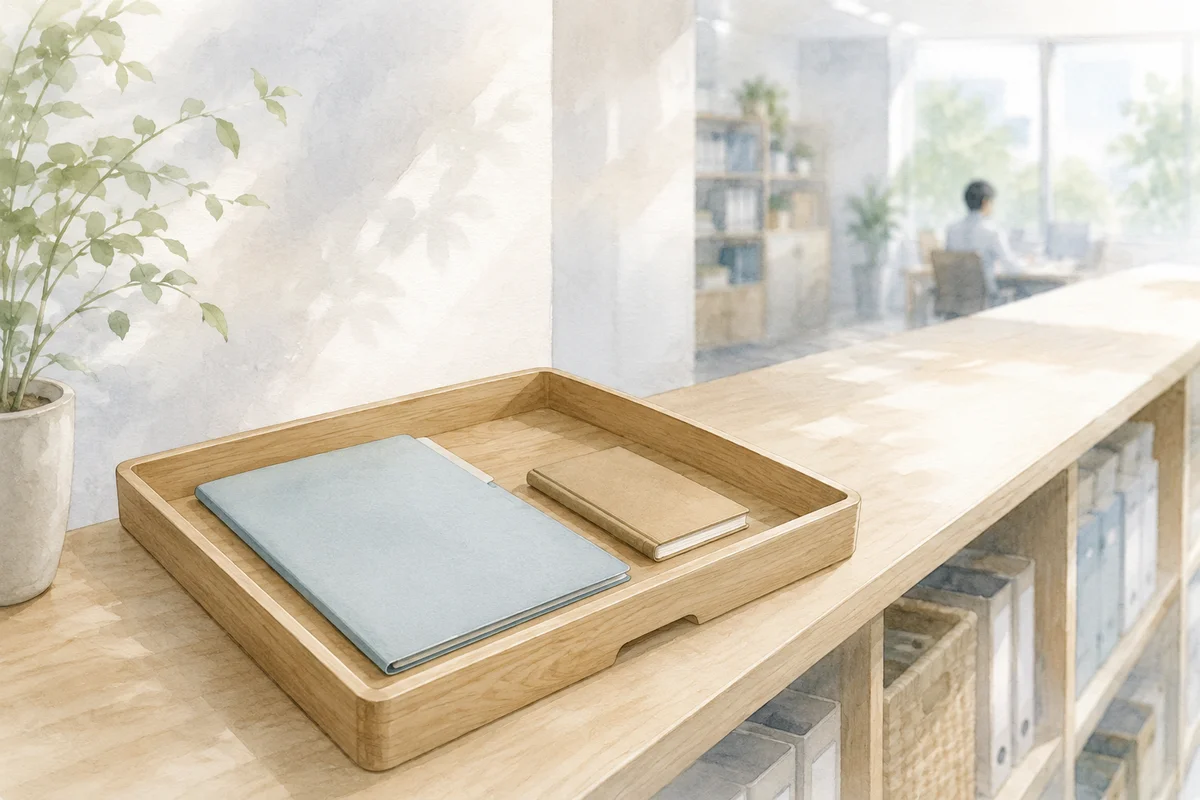 書類を絞ったトレーが前景に置かれ、奥に小さな作業者が見える、負担を抑えた働き方を考える職場空間