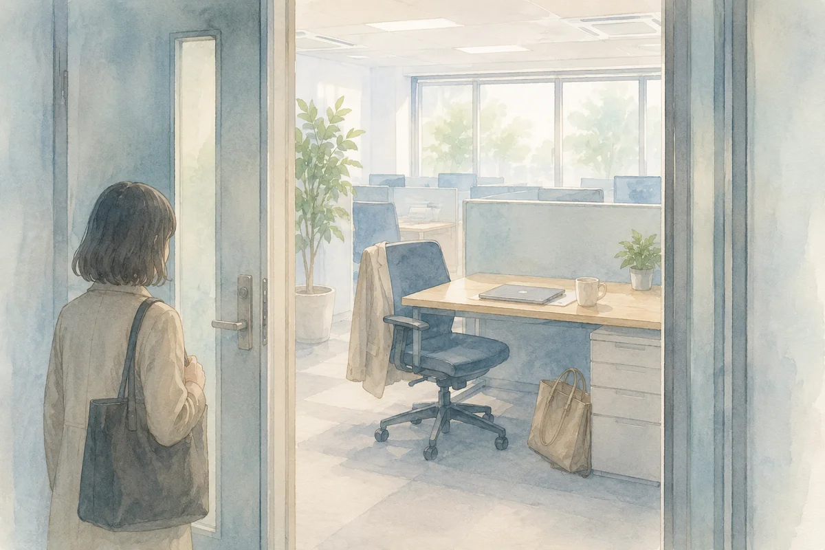 入口越しに奥へ広がる職場と、準備された一席を見つめる小さな人物のイラスト