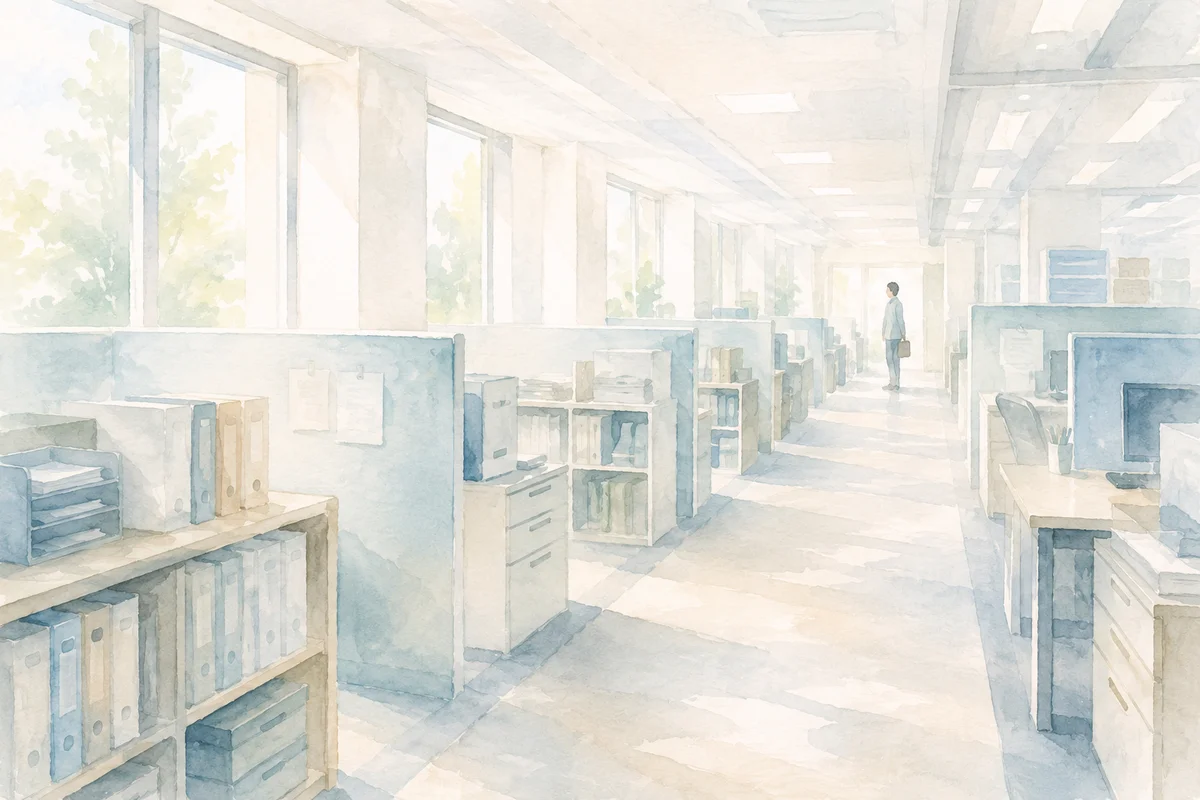 奥へ続く職場の通路と反復する席の中で、小さく立ち止まる人物を描いたイラスト