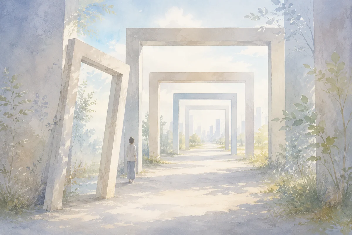 幾重もの門のような通路が奥へ続き、小さな人物が次の進路を静かに見つめる風景