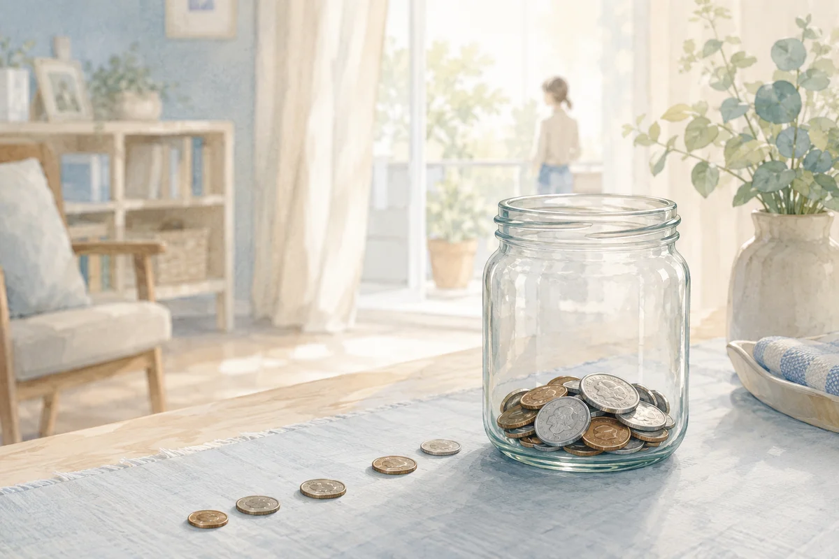 少しだけ硬貨が入ったガラス瓶が、明るい室内の奥行きに貯金の不安をにじませる