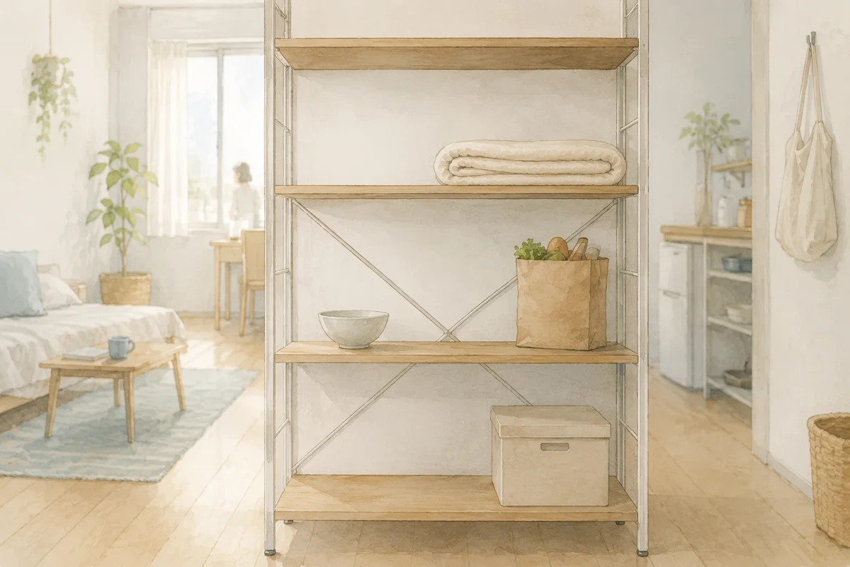 生活用品が並ぶ棚を中心にした部屋の奥で、小さな人物が暮らしの見通しを静かに考えるイラスト
