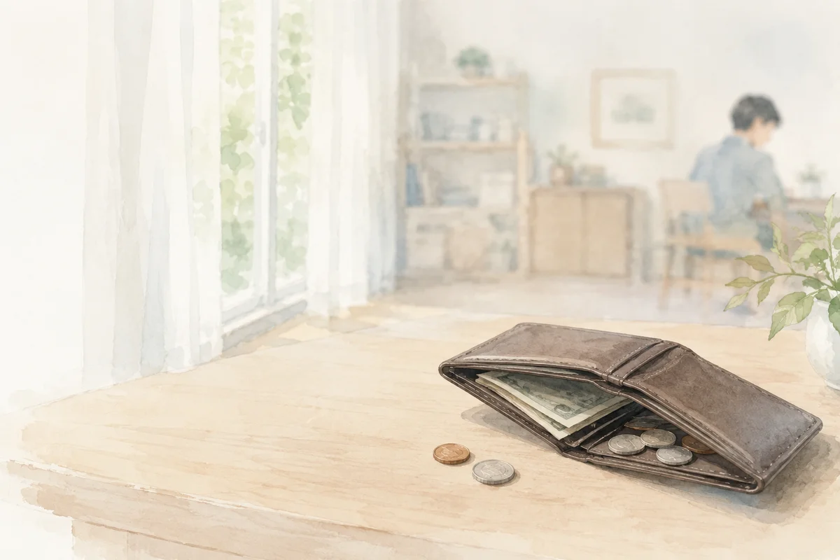 明るい室内の奥に小さな人影を残し、開いた財布と少ない硬貨が給料への不安を映す