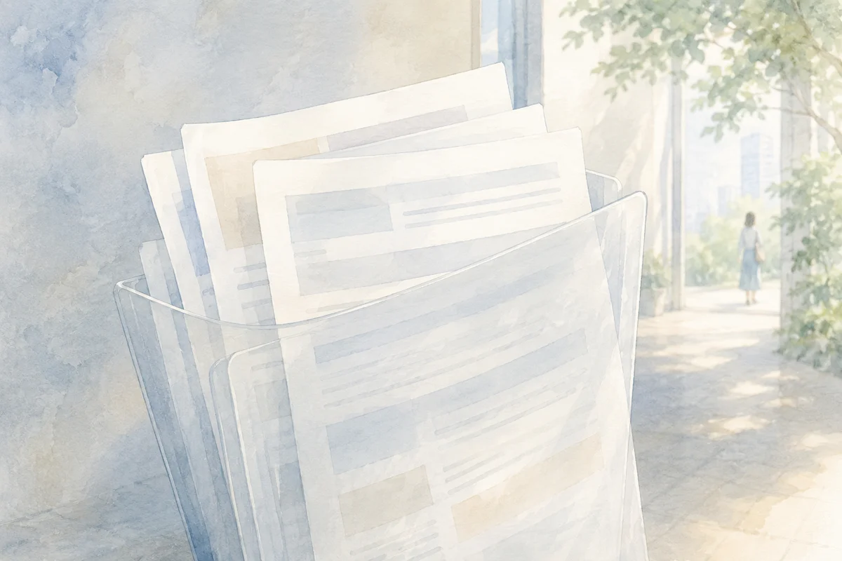手前の重なった契約書類と、奥の明るい通路に小さく立つ人物が見える、整理前の迷いを感じる空間