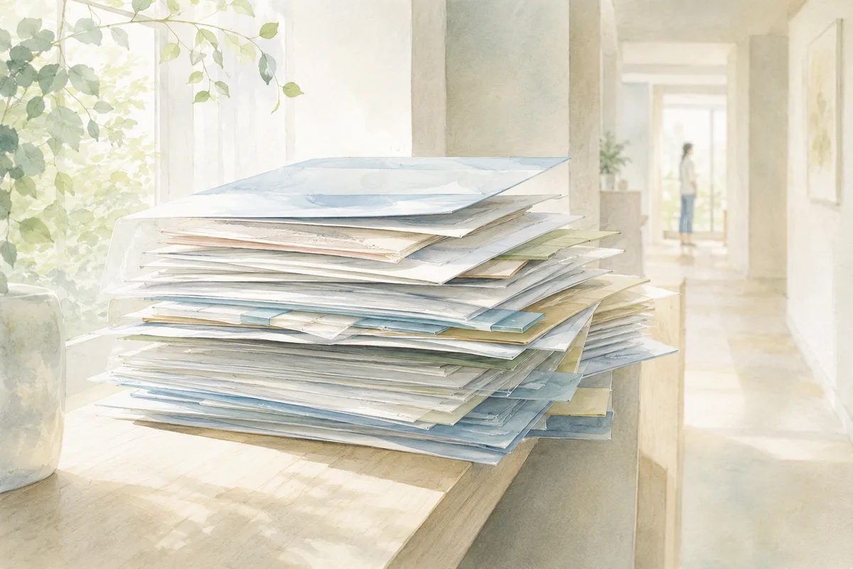 奥行きのある明るい室内で、年収確認の書類の束が少しずつずれて静かに重なる様子