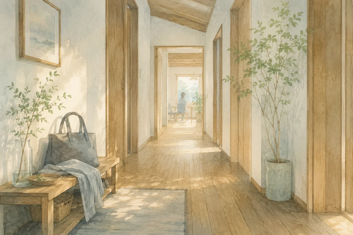 長い廊下の先に明るい部屋が続き、今の働き方を見直す前の揺れを映す室内風景