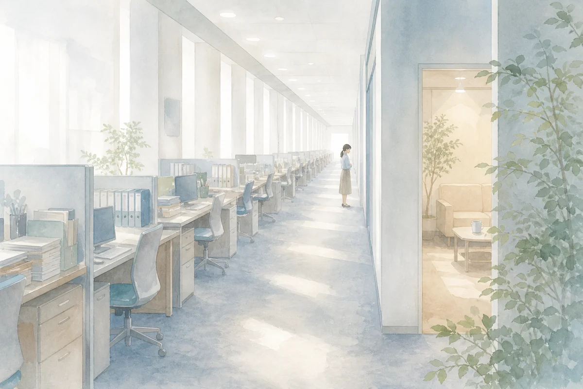休みにくい職場の奥へ続く通路と、手前に見える静かな休憩空間を描いたイラスト