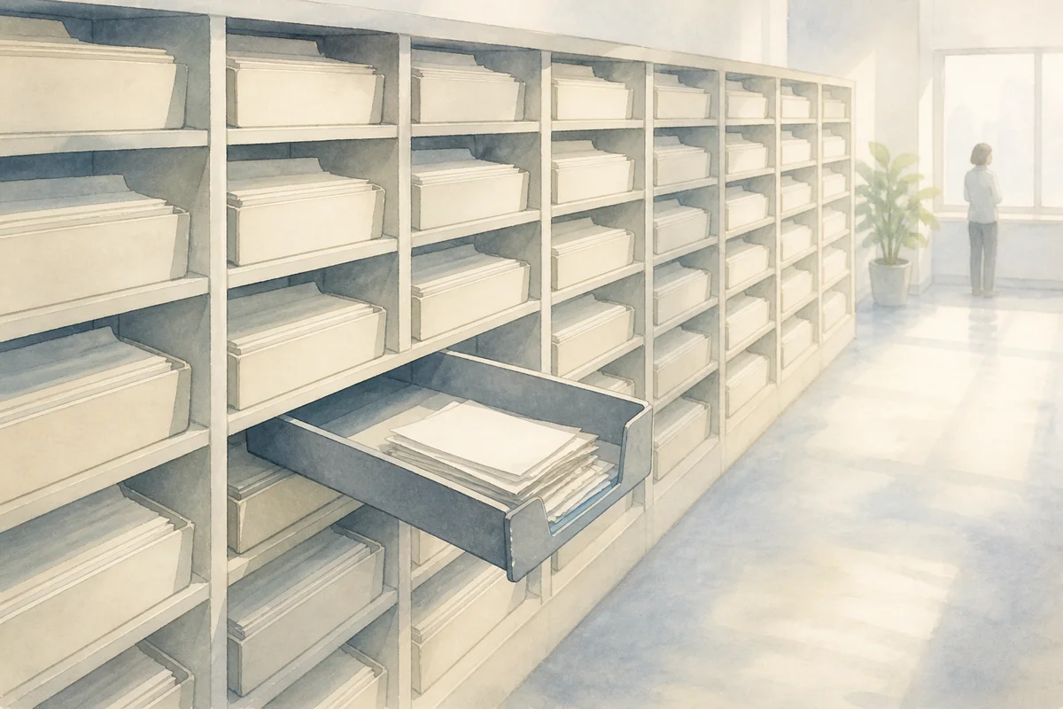大量の書類棚が奥へ続き、一段だけ開いた引き出しと窓辺の小さな人影がある職場風景