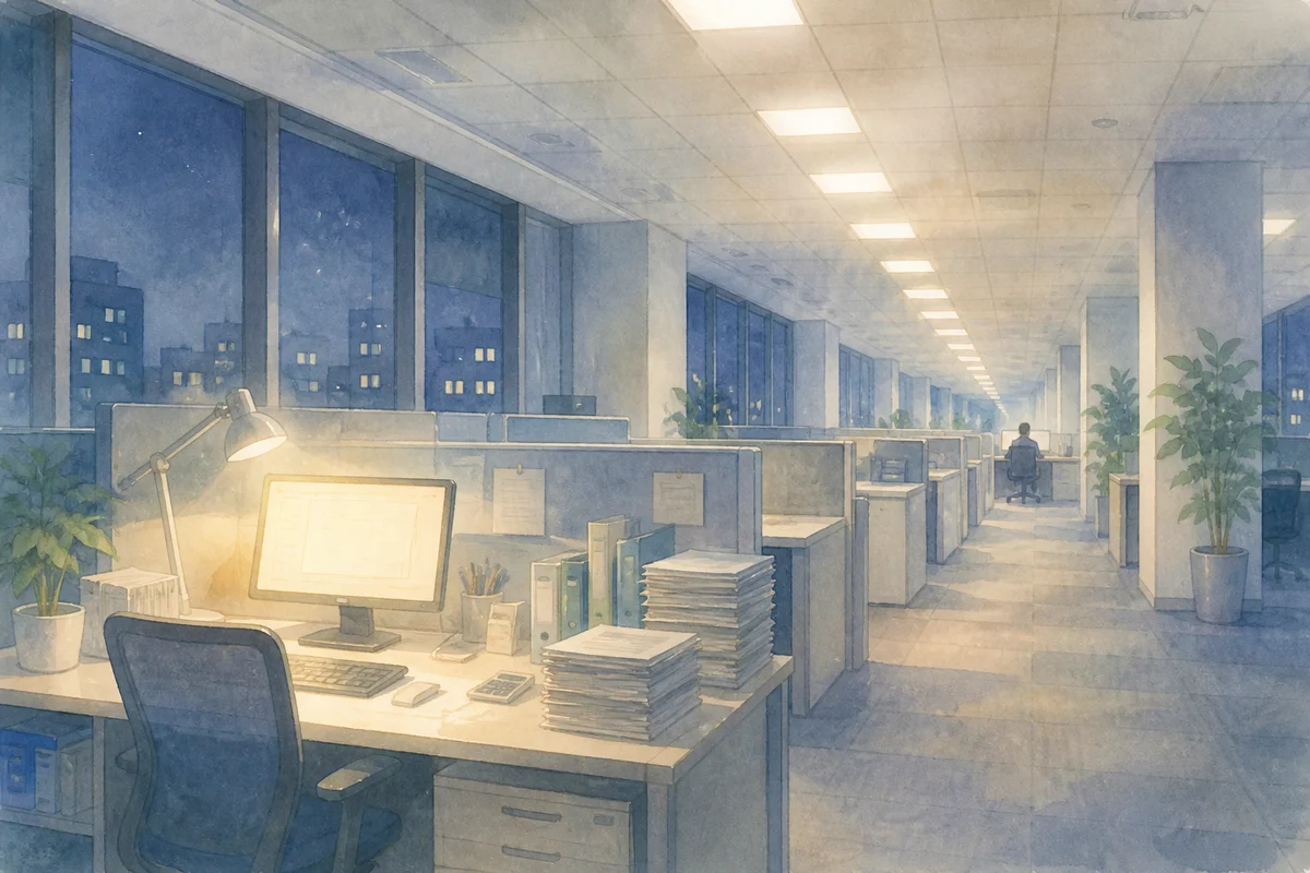 書類が積もる席を手前に、夜のオフィスの奥へ視線が伸び、残業の重なりと判断前の揺れを映す様子