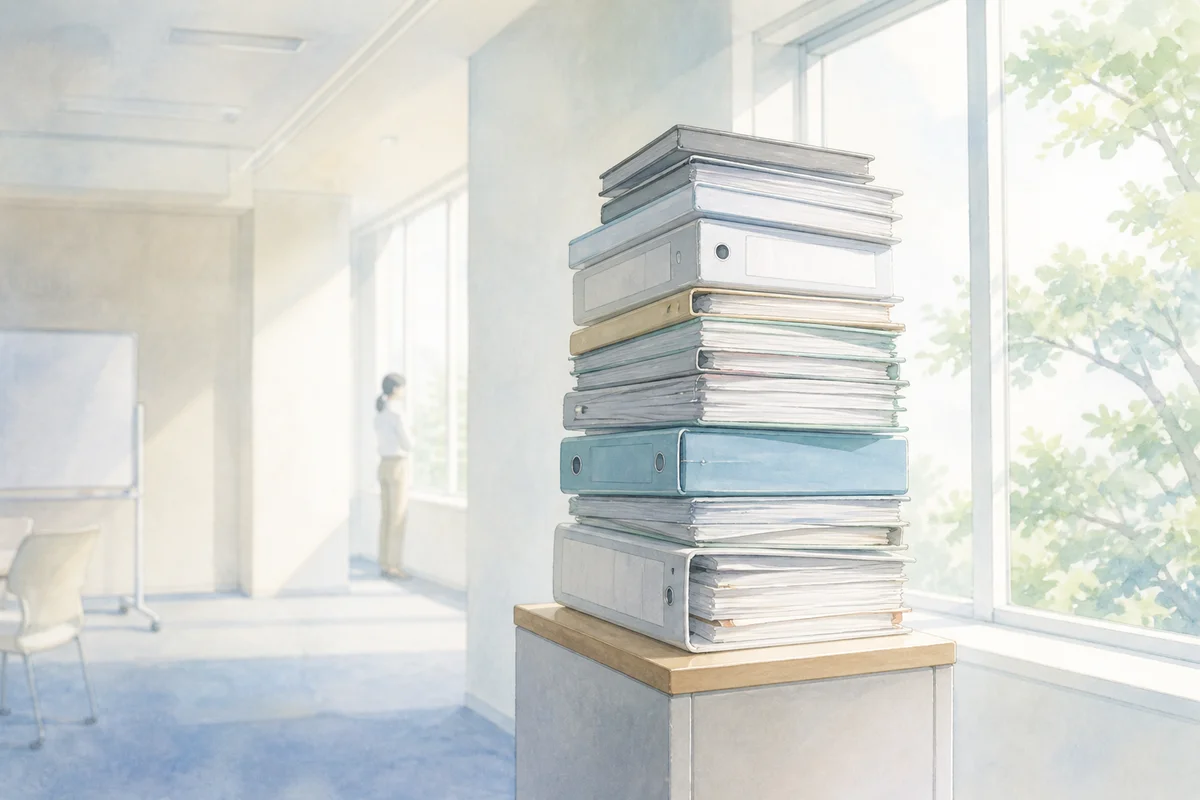 窓辺に高く積まれた書類束と、奥で立ち止まる小さな人影が期待の重さをにじませるイラスト