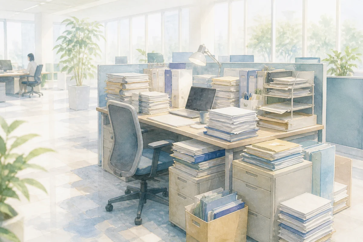 書類が幾重にも重なる席が中央にあり、明るいオフィスの奥行きに任されすぎた負荷の広がりがにじむ様子