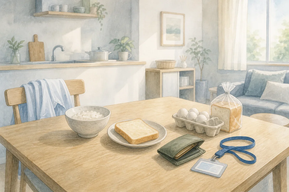 簡素な食卓に置かれた財布と社員証、奥に静かな部屋が続く暮らしの厳しさをにじませる室内