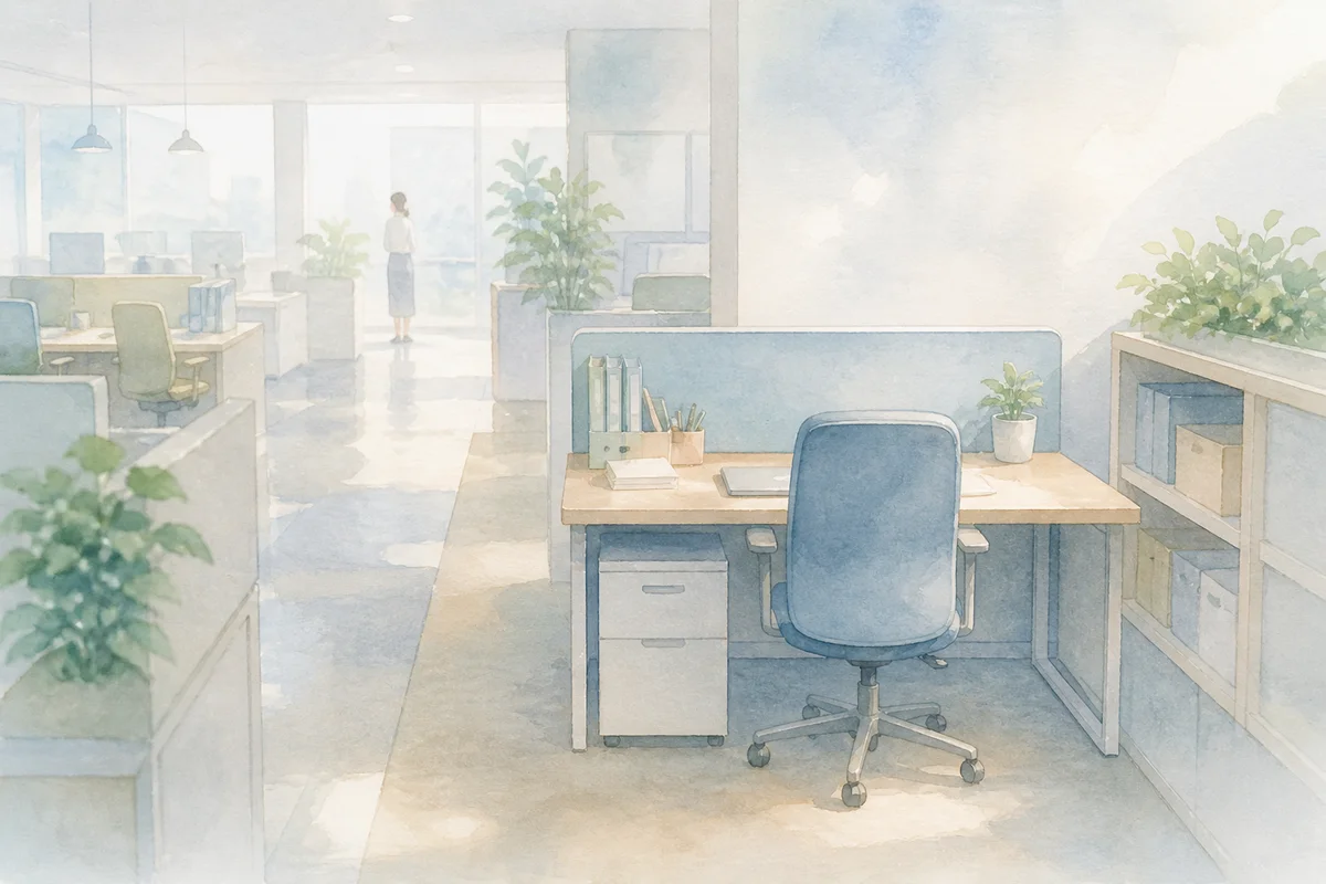 新しい部署の一角に置かれた机と奥の小さな人物が、なじみきらない職場の距離感を示す風景