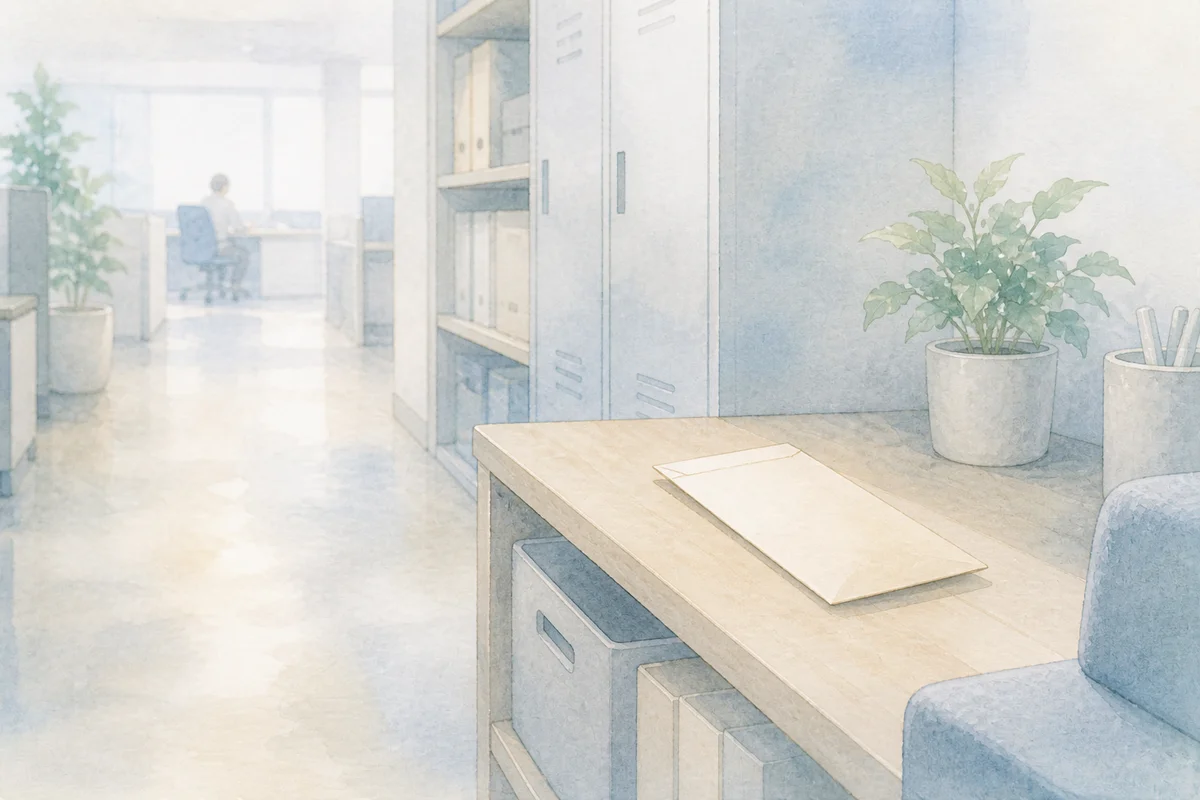 薄い封筒が置かれた職場の片隅が、賞与への静かな違和感と判断前の距離を示す風景