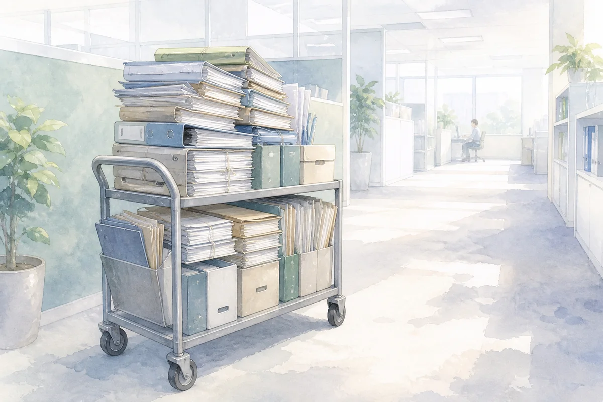 書類を積んだワゴンが明るい通路に置かれ、仕事量と見返りのずれを示す職場風景