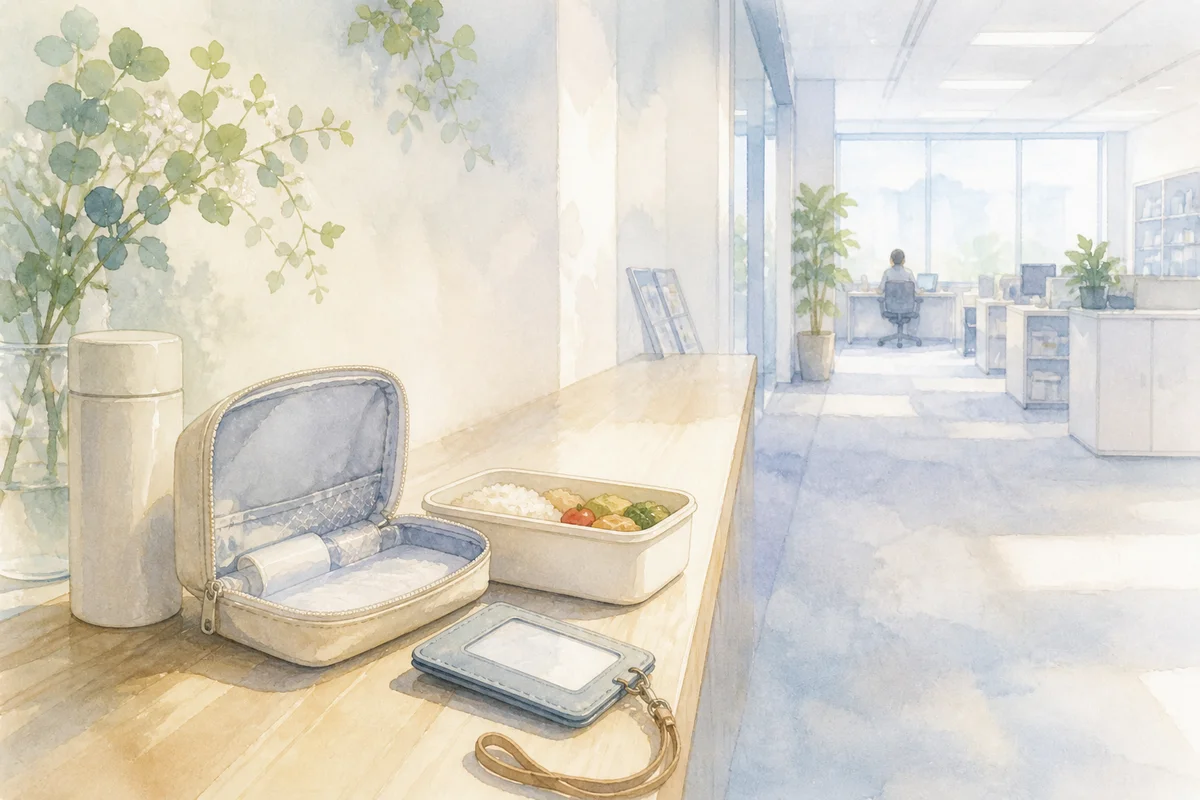 質素な昼食と開いたポーチが並ぶ職場の通路が、手取りへの静かな重さと判断前の揺れを示す風景