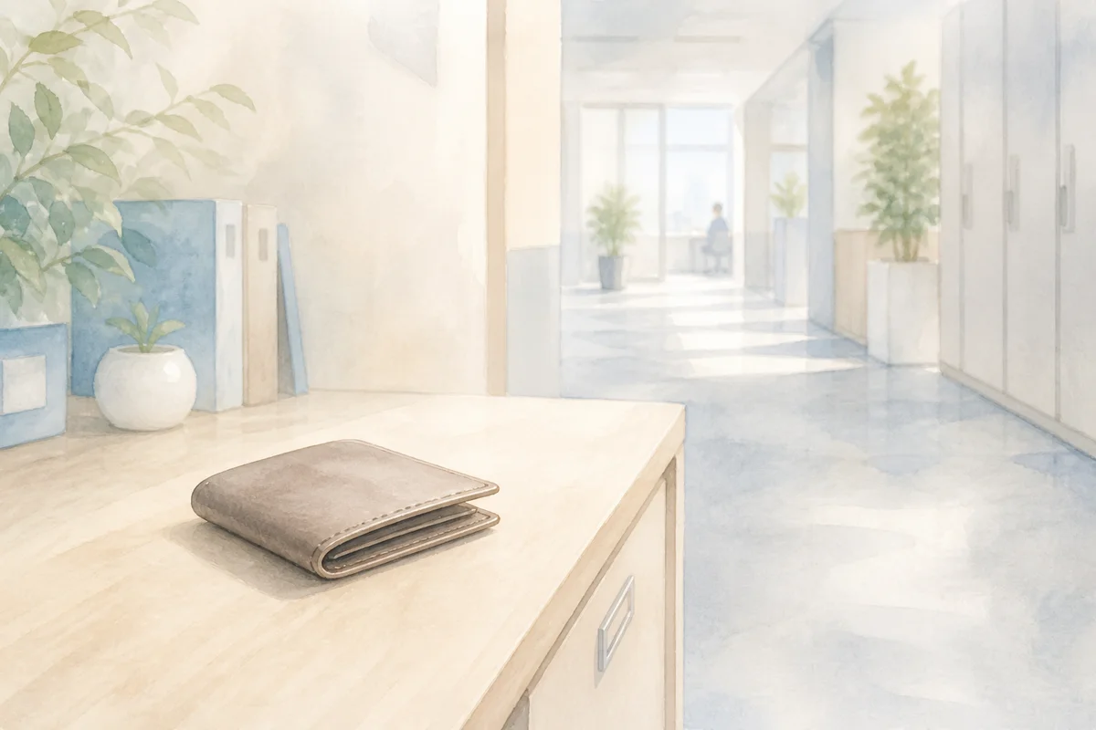 薄い財布が静かな職場の机に置かれ、奥へ続く廊下が判断前の迷いを示すイラスト