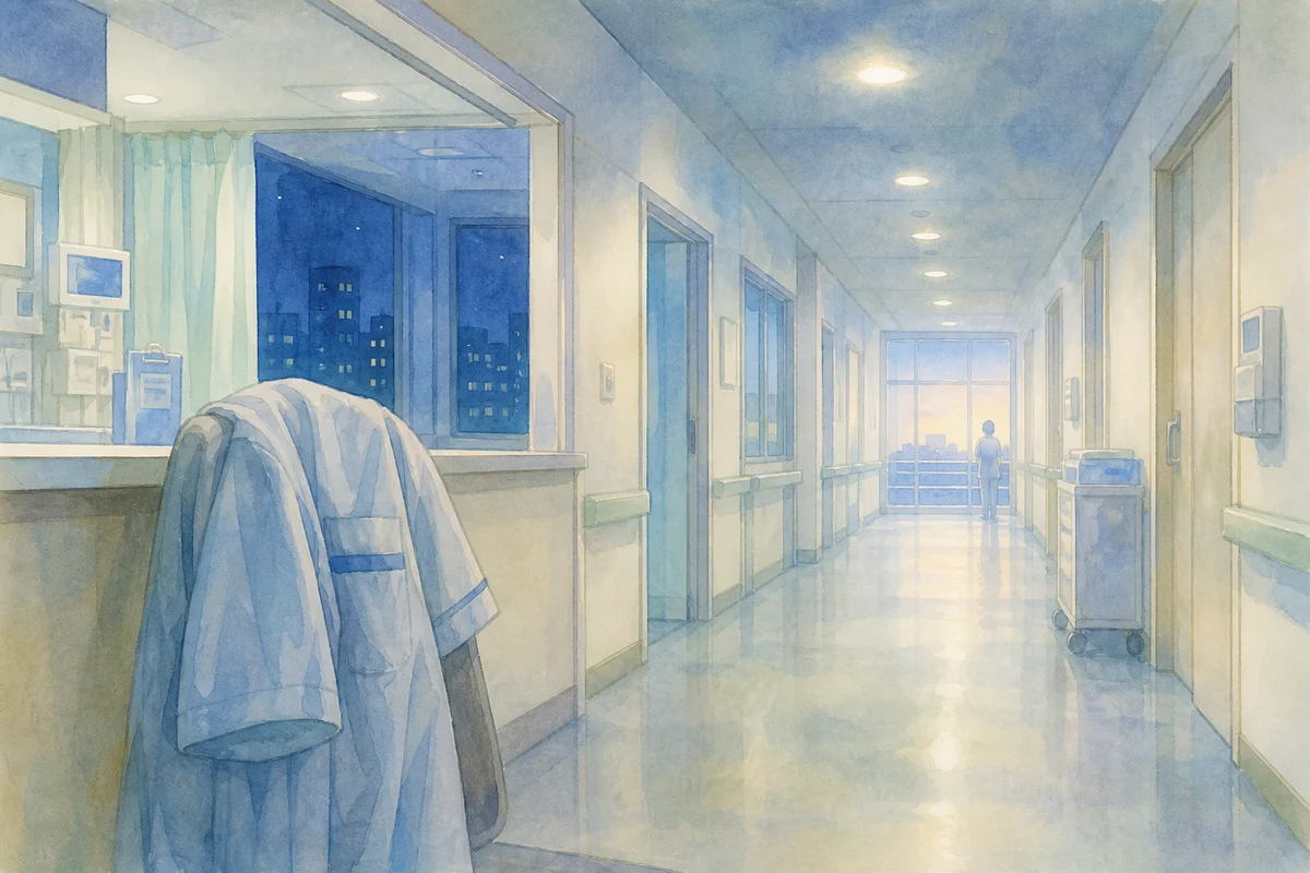夜勤明けの静かな廊下に制服が掛かり、奥の淡い明かりへ続く空間が揺れる判断前の状態を示す