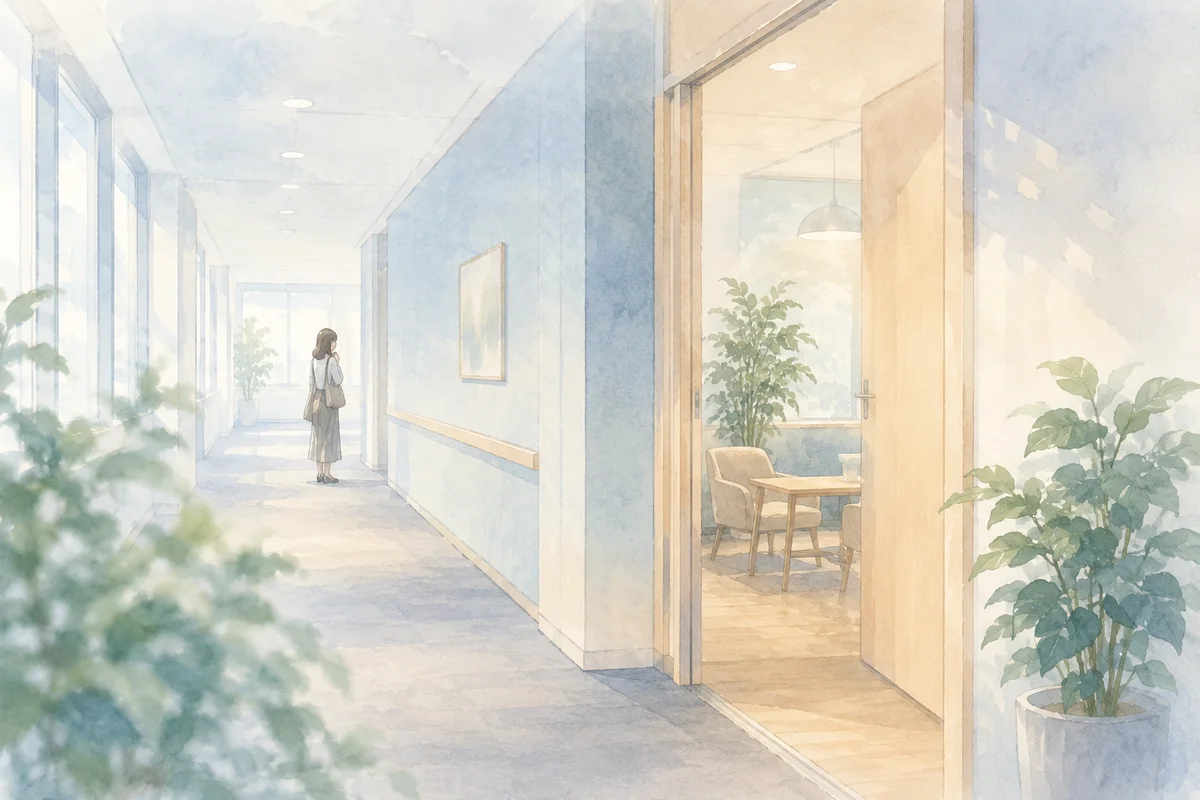 開いた部屋の前に小さく立つ女性と奥へ続く廊下が、言い出せないまま揺れる職場の距離感を映す