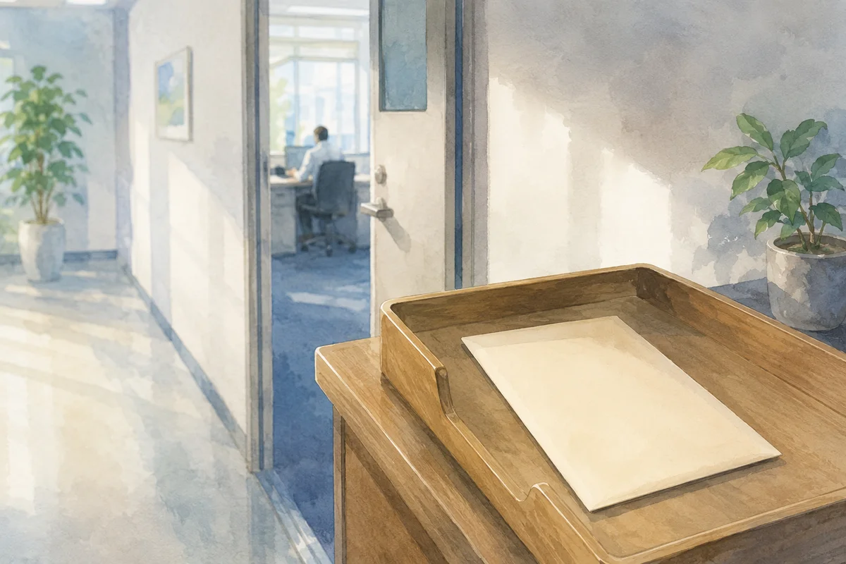 手前の書類トレーと奥の執務室が、退職届を出す時期を静かに考える空間のイラスト
