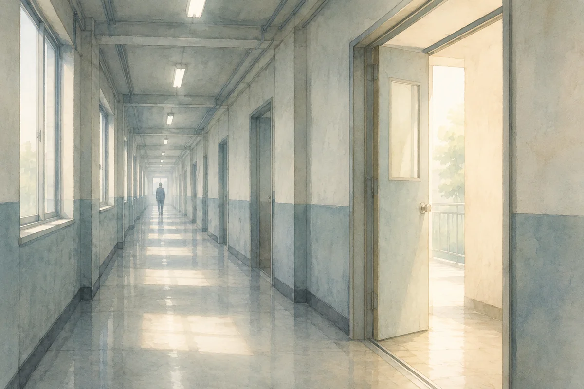 奥まで続く長い廊下と半開きの明るい扉が、拘束時間に疲れた判断前の空気を静かに映す