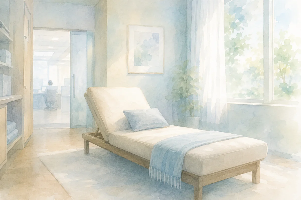 休める寝椅子のある静かな部屋と、奥の執務空間がゆるくつながるやわらかな職場風景