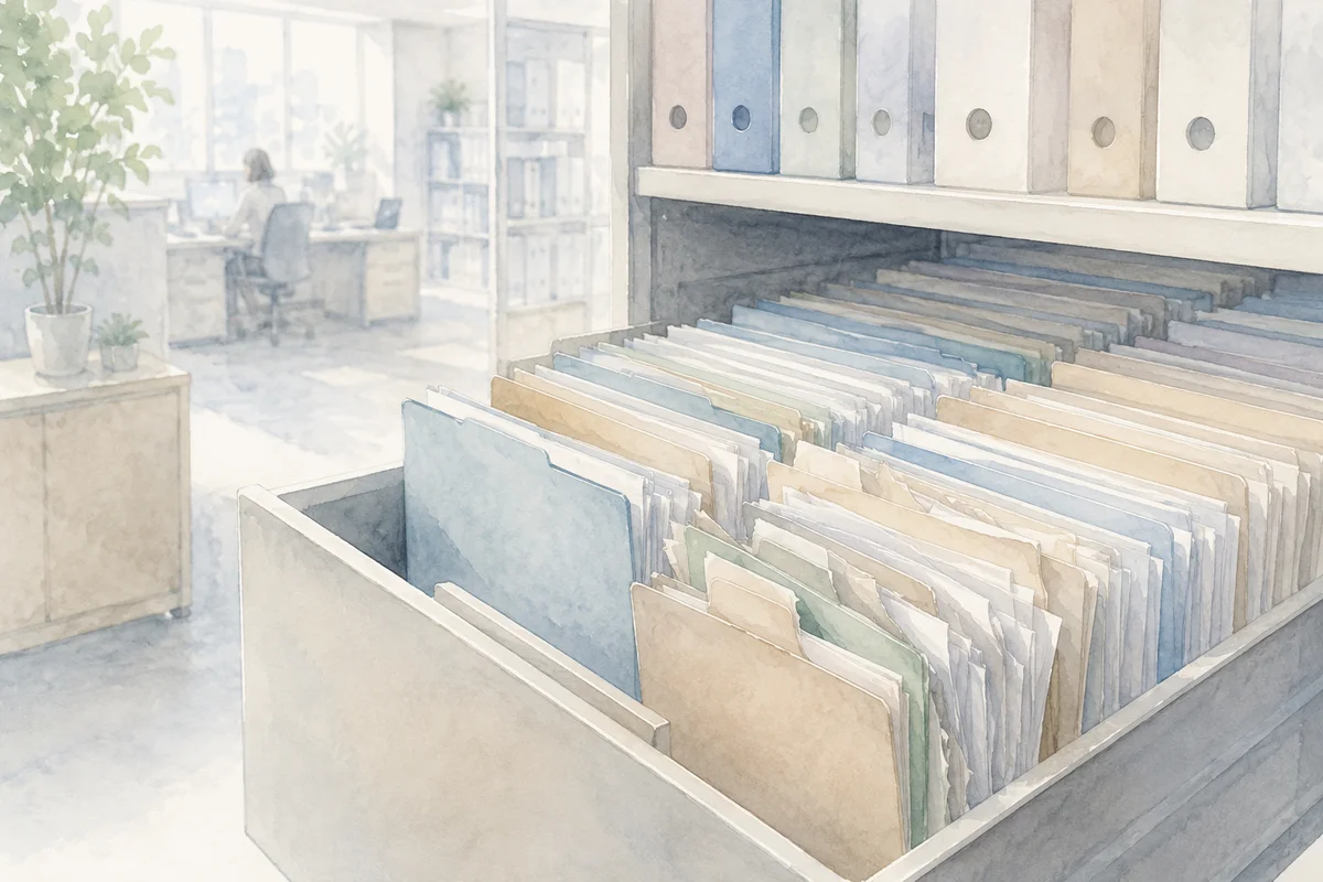 開いたファイル棚に整いきらない書類が並び、奥に静かな事務席が見える淡いオフィス