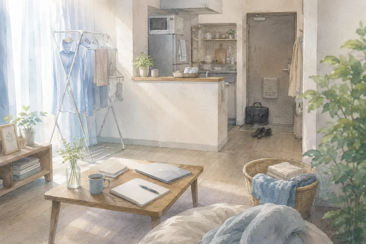 一人暮らしの部屋に仕事鞄と生活道具が静かに並ぶ、判断前の空間