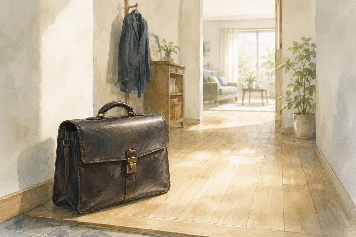 玄関に置かれた使い込まれた仕事鞄と奥へ続く部屋が、50代の退職への迷いを静かに映す空間