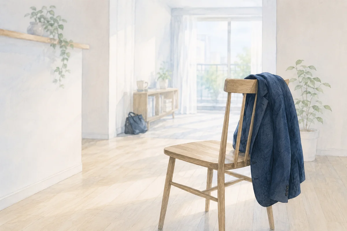 椅子に掛かった仕事着と奥に置かれた鞄が、30代正社員の仕事の重さを映す奥行きある室内