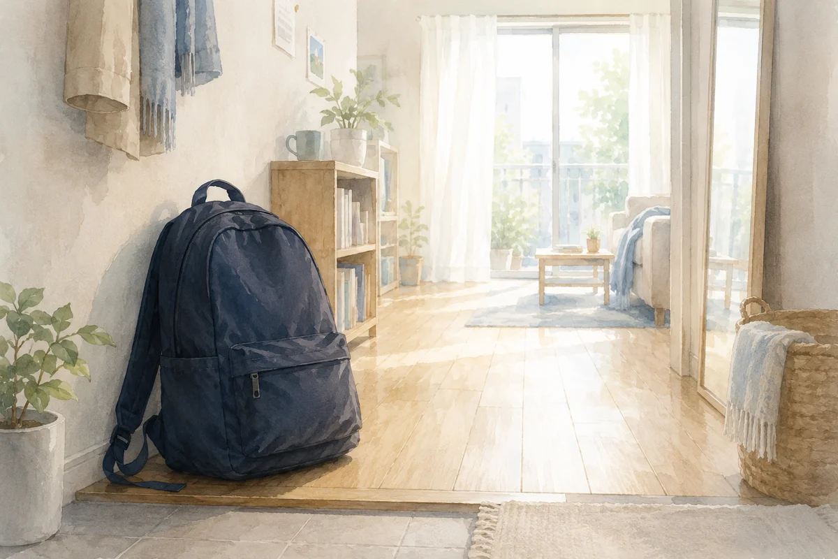 玄関に置かれた通勤リュックと奥へ続く部屋が、20代の退職への迷いを映す空間
