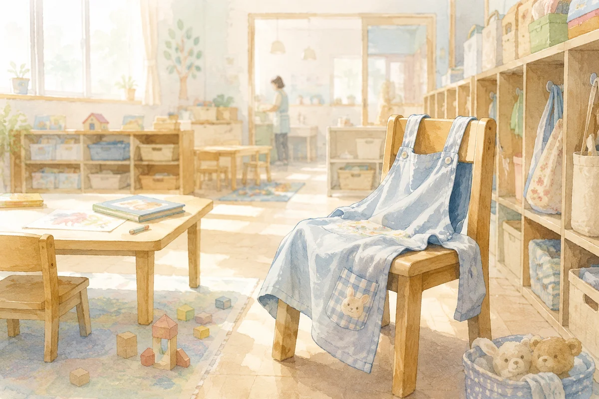 保育室の奥行きに、椅子へ掛けられたエプロンが静かに残り、判断前の迷いを映す風景