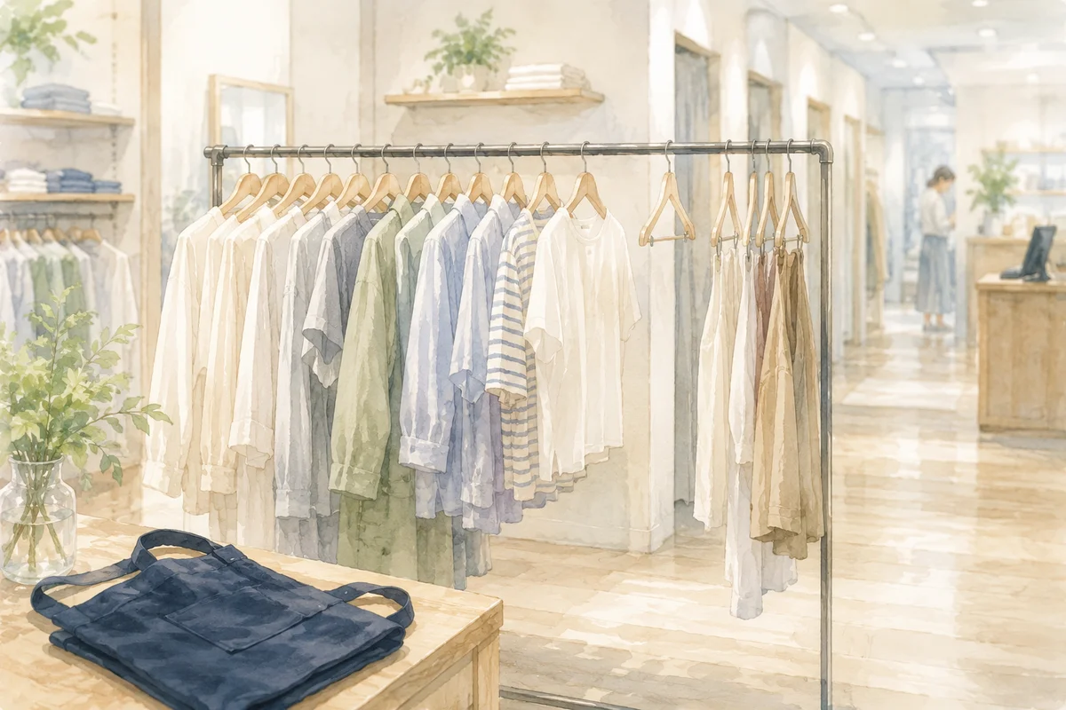 淡い販売店の衣類ラックと奥に続く売場が、やわらかな光の中で判断前の迷いを静かに映す