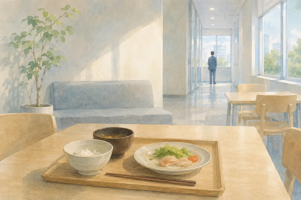 手つかずの食事が置かれた休憩室の奥に、小さな会社員の姿が静かに見える