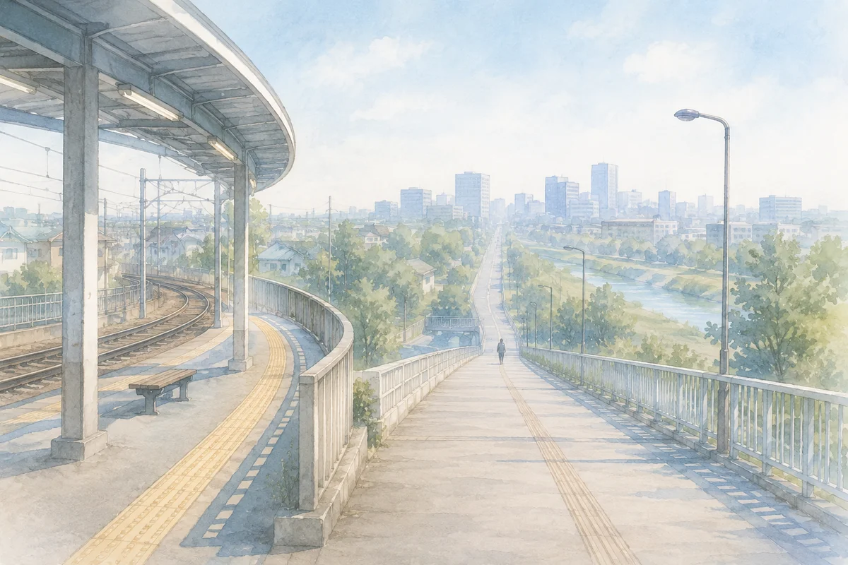 遠く続く通勤路と駅のホームが、勤務地までの距離感と迷いを示すやわらかな風景