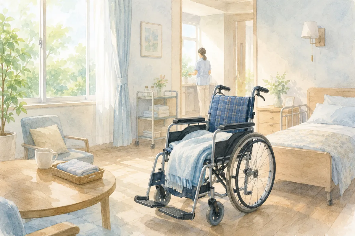 車椅子に毛布が掛けられた明るい居室と、奥に立つ介護職員のイラスト