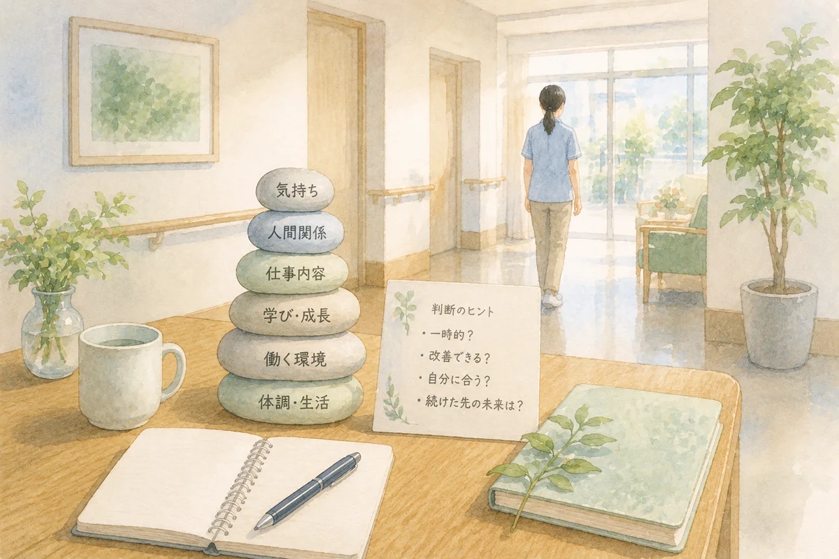 積み重なった石と開いたノートの奥に、静かな施設廊下を歩く新人職員が見える風景
