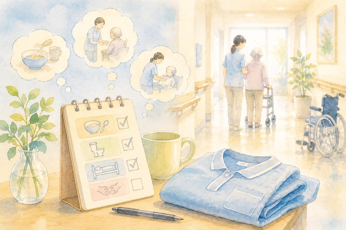 介護施設の机に開いた手順ノートと奥行きある廊下が、覚える途中の仕事を映す水彩イラスト