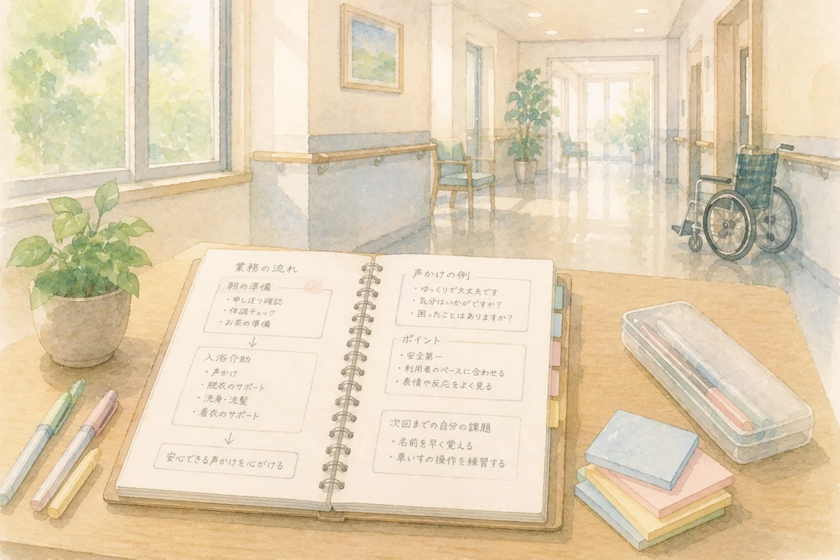 介護施設の机に開いたメモ帳と奥へ続く廊下が、仕事を整理して覚える途中を映す水彩イラスト
