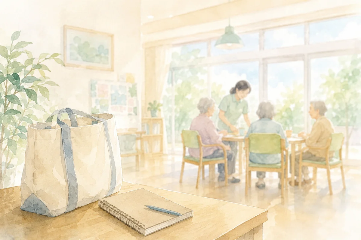 手前のバッグとノート越しに明るいデイサービスの室内がやわらかく奥へ広がるイラスト