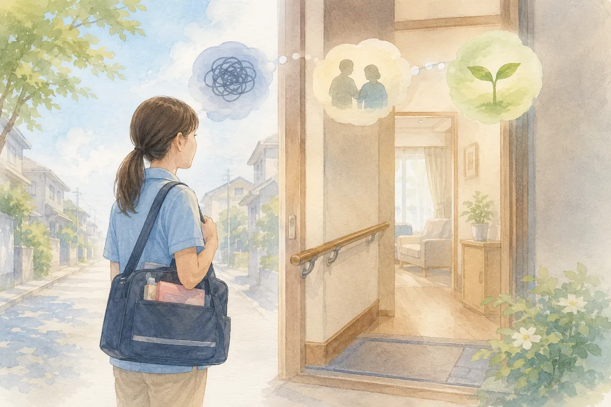 訪問介護に向かう準備をしたバッグが置かれた玄関から、住まいの奥へ続く静かな空間が広がり、働く環境をイメージできるやわらかなイラスト