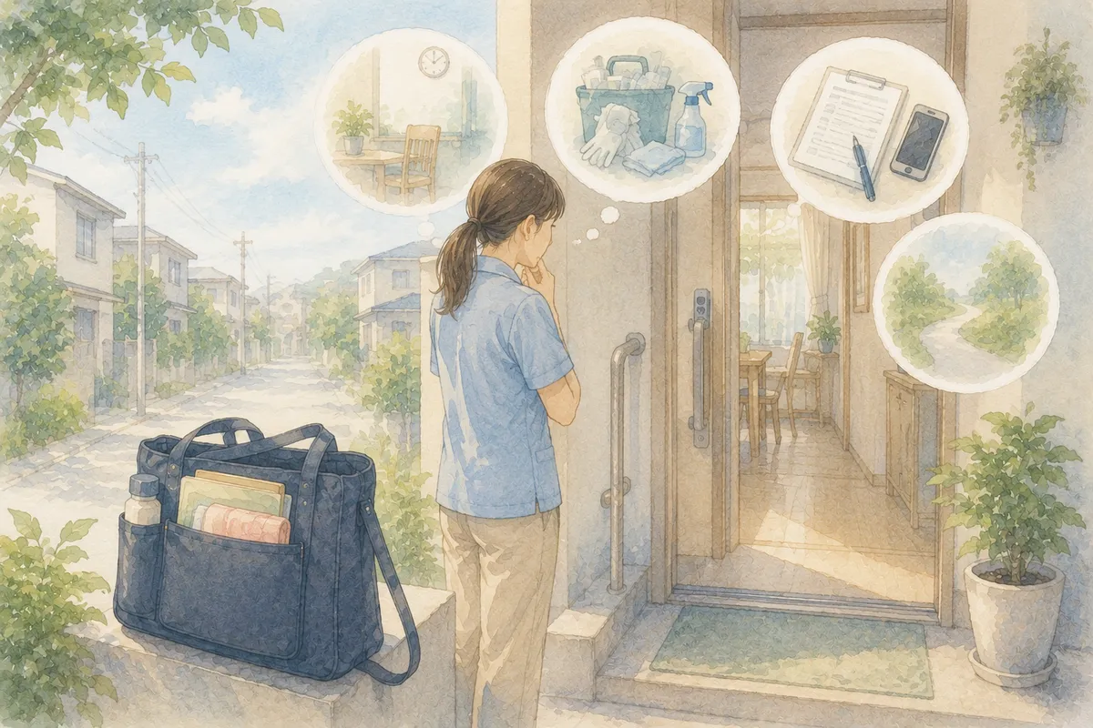 訪問介護用のバッグが置かれた玄関先から住まいの奥へ続く空間が広がり、働く環境との相性を静かに考える場面を描いたイラスト