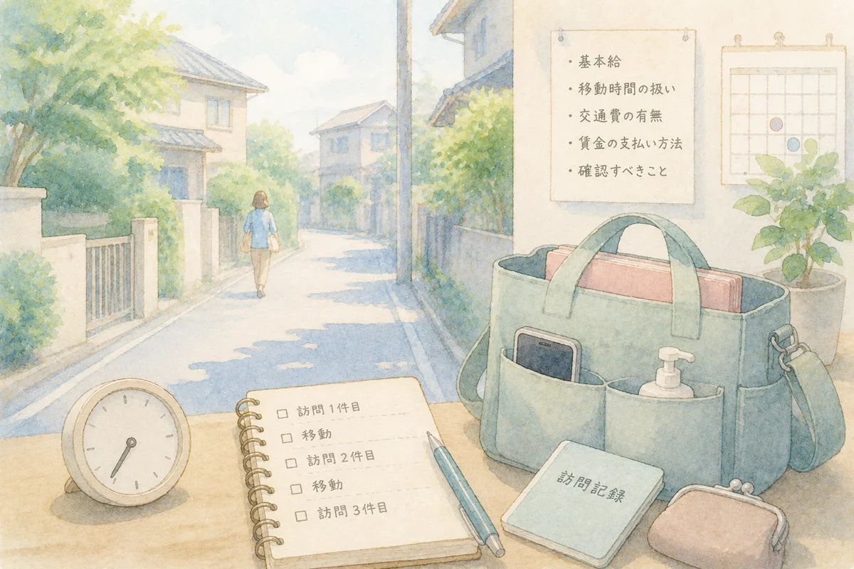 訪問先へ向かう住宅街と時計、介護バッグが並び、移動時間と賃金確認の途中感を表すやわらかなイラスト